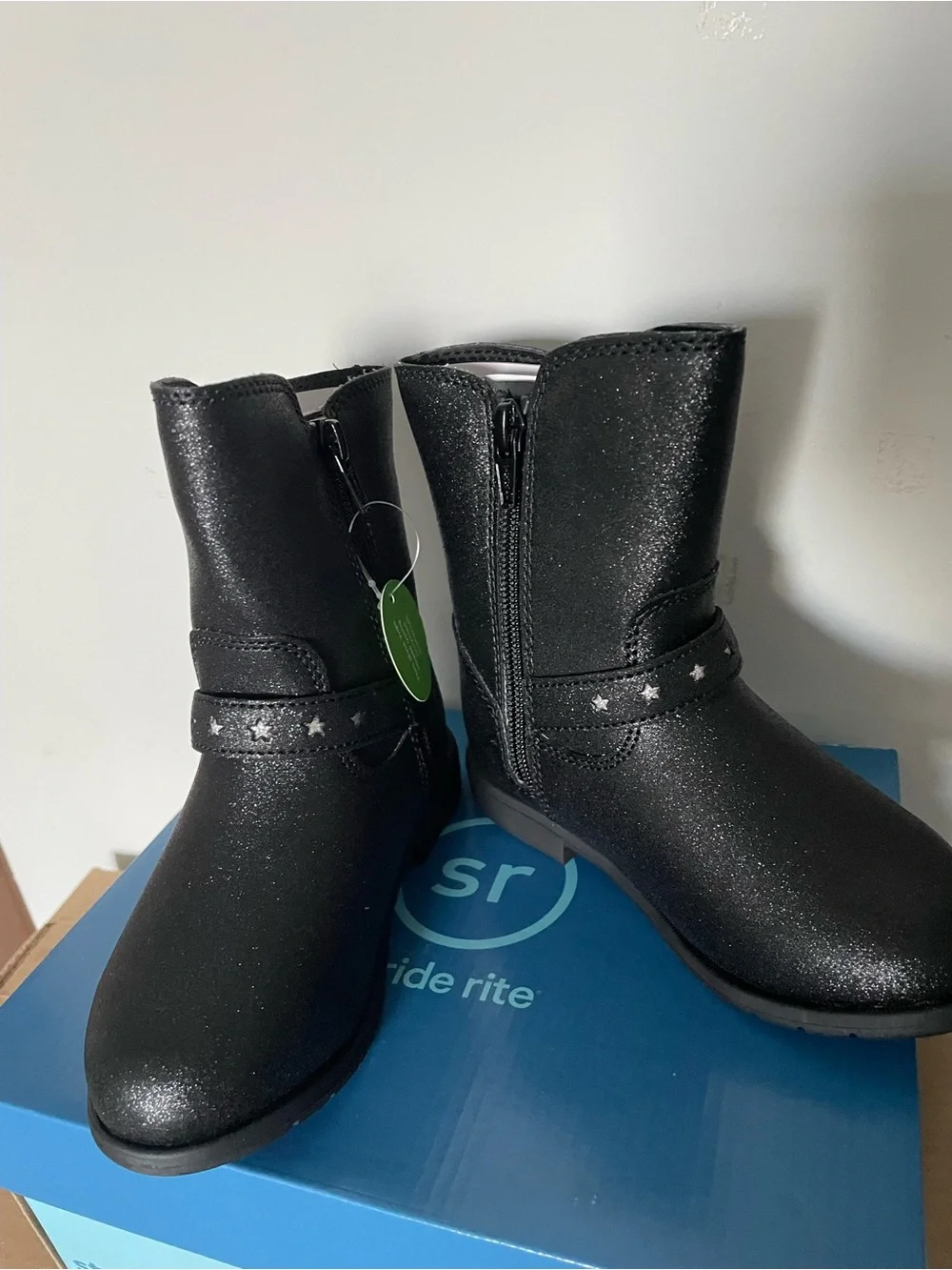 Stride Rite Sr Lizz Black Shimmer Boots Toddler Girl Zip Stars Mid Calf NEW Box